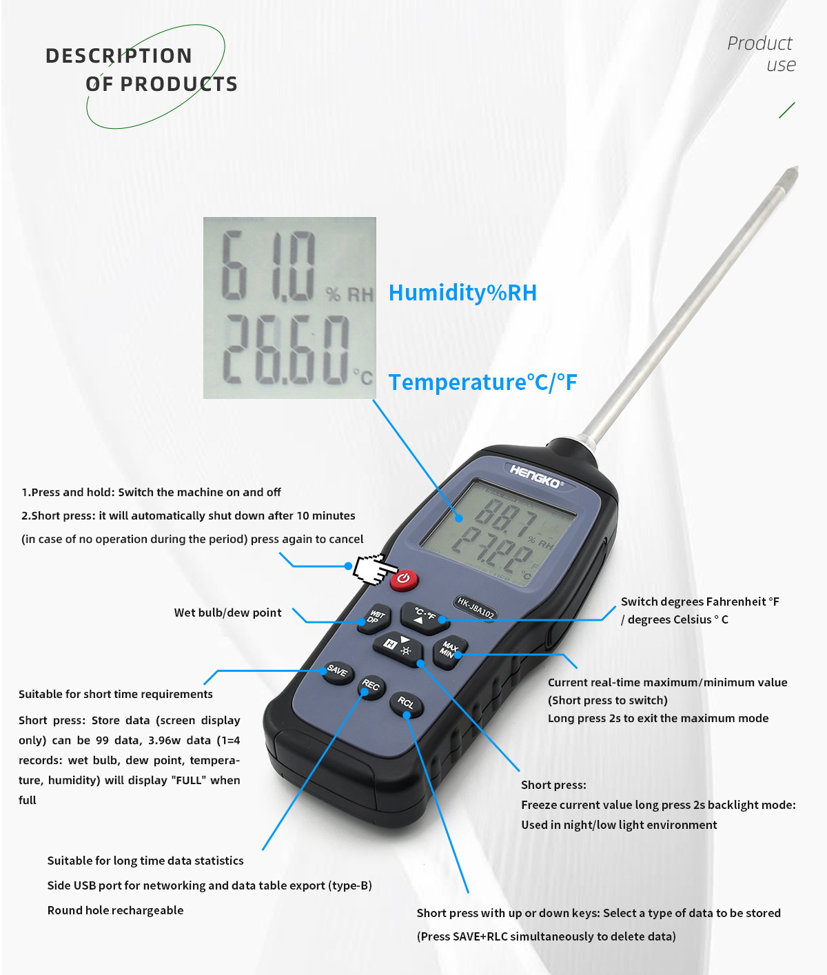 Handheld digital temperature and relative humidity data recorder meter  sensor in fruit and vegetable warehouses glasshouses