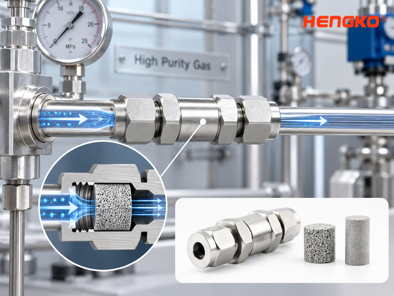 High Purity Gas Flow Restrictor Installed in Stainless Steel Gas Line with Airflow Simulation and Porous Sintered Metal Element