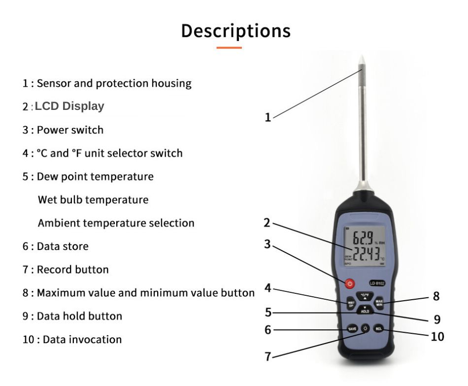 Instrução do botão para medidor portátil de temperatura e umidade