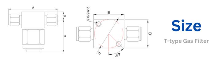 T-type gas filter size diagram