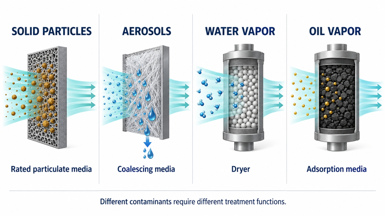 Separate conceptual examples of particle filtration, aerosol coalescence, desiccant drying and oil-vapor adsorption