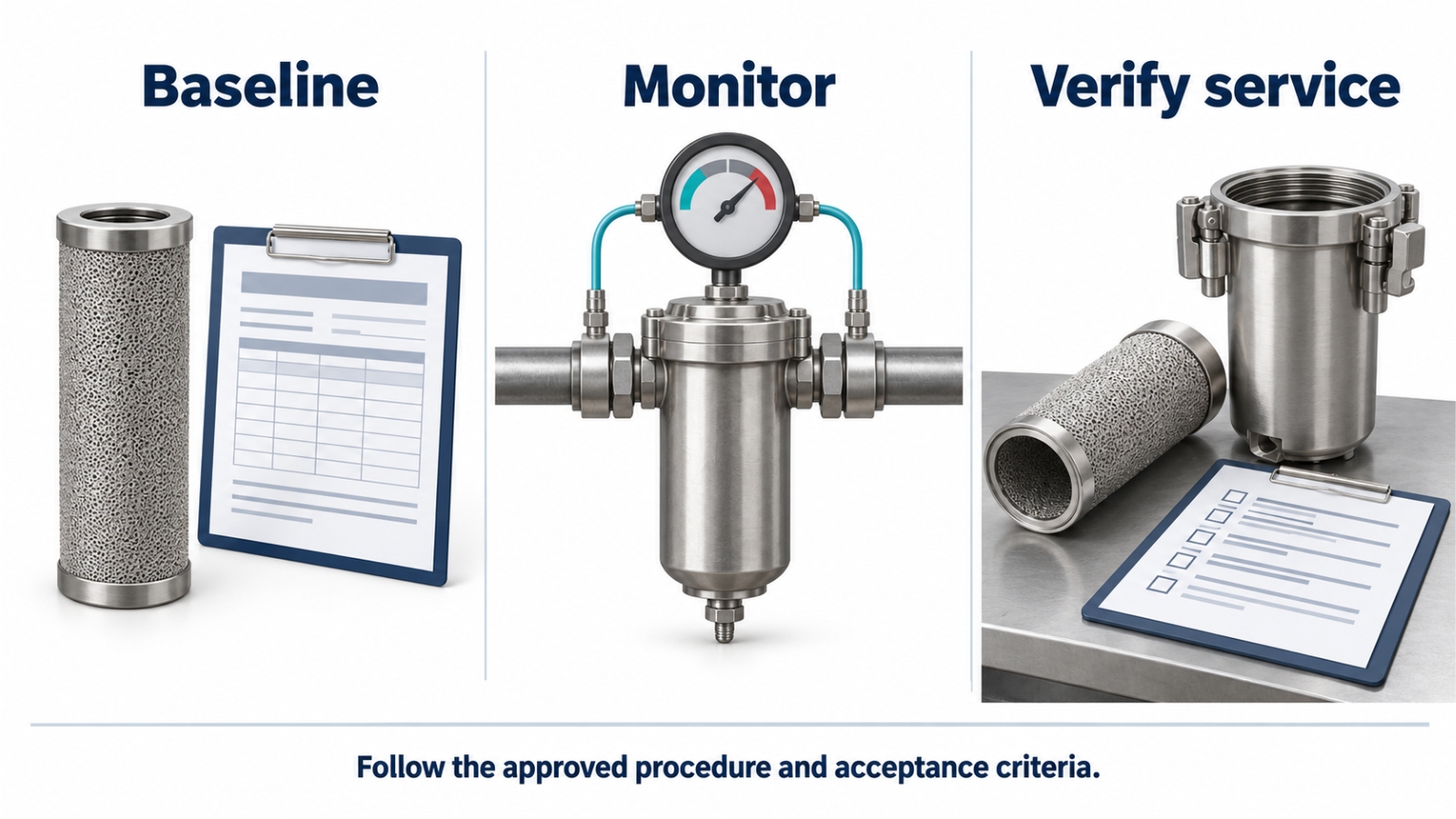 Conceptual baseline recording, differential-pressure monitoring and post-service verification