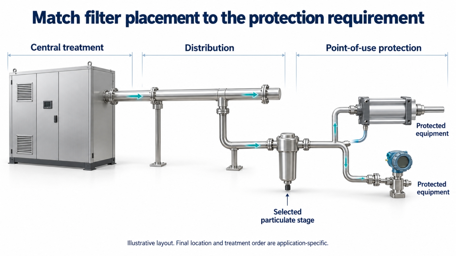 Illustrative central treatment, distribution header and filtered branch serving protected equipment