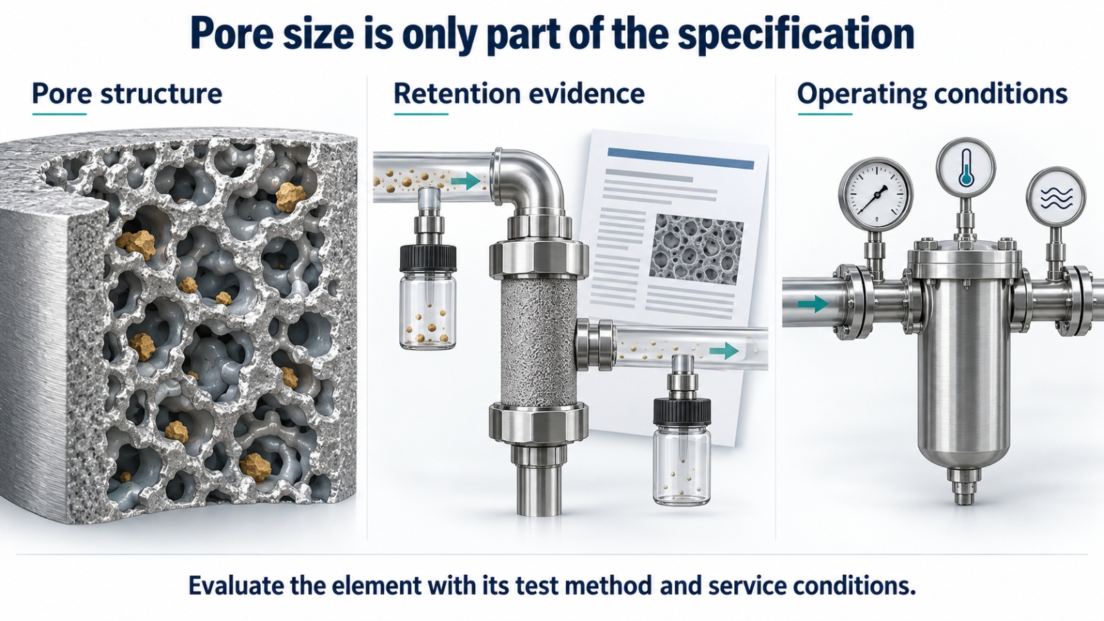 Conceptual comparison of pore structure, retention evidence and operating conditions
