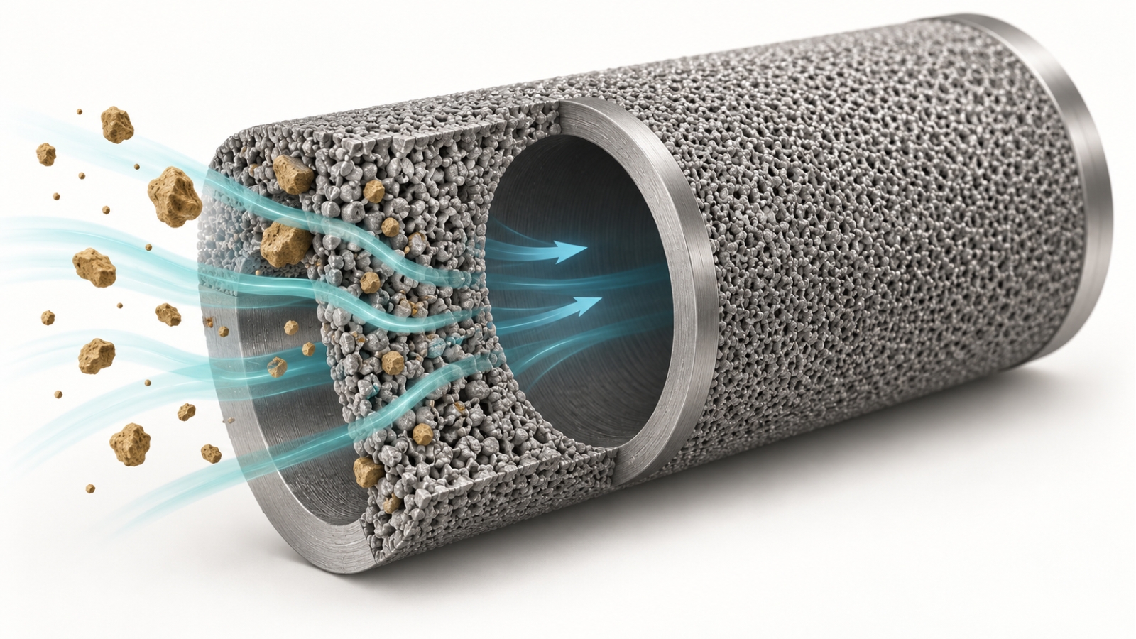 Conceptual cutaway of a porous metal element showing solid particles and illustrative airflow
